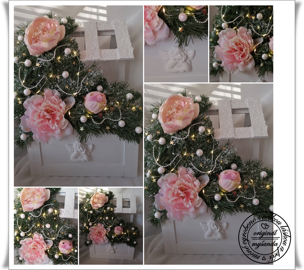 vánoce truhlík se stříškou velký bílý dekorace růžová koláž