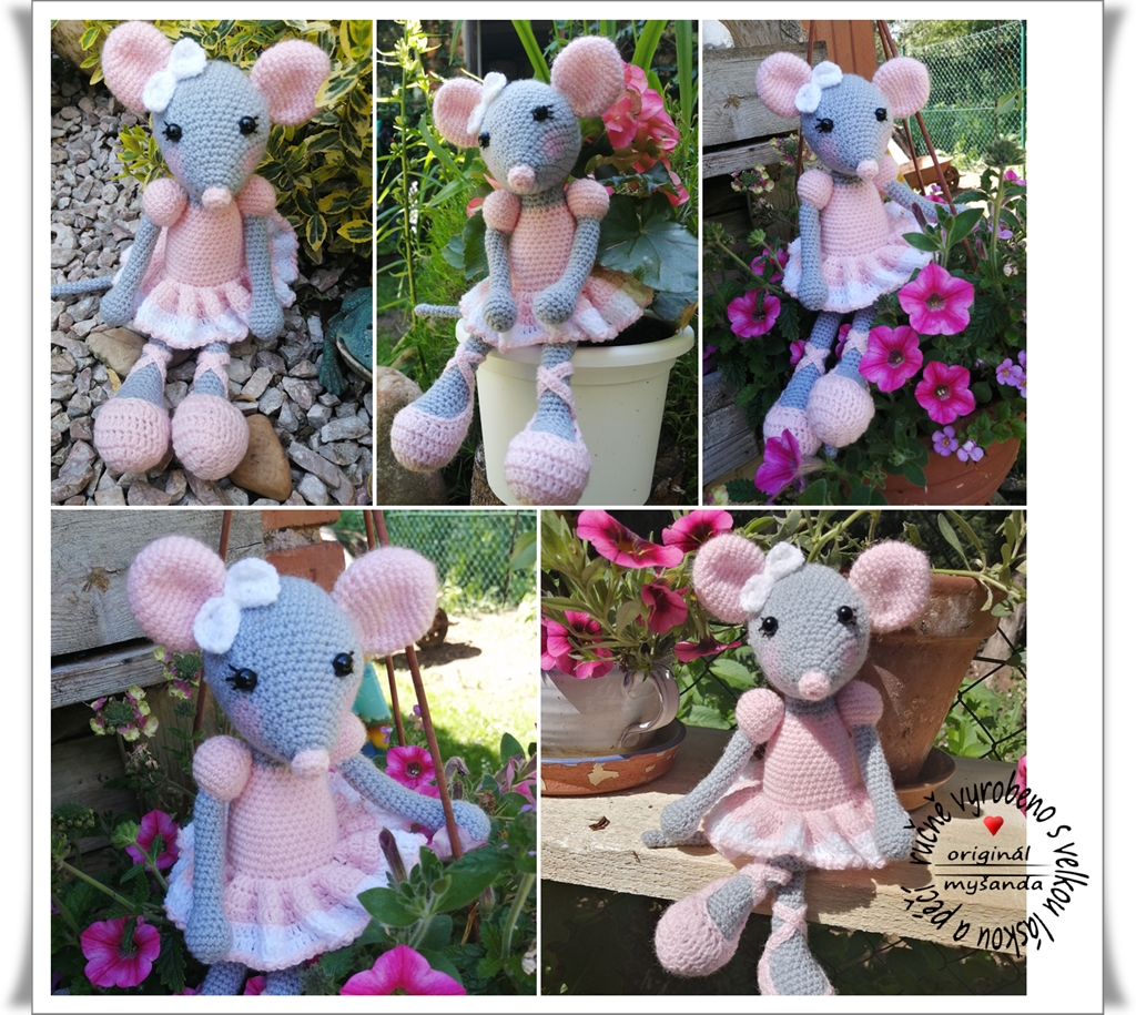 myška balerina šedo-růžová koláž